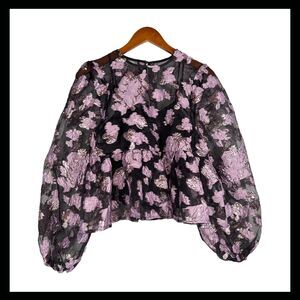 ASOS Black Metallic Purple Floral Organza Puff Sleeve Peplum Top Size 2
